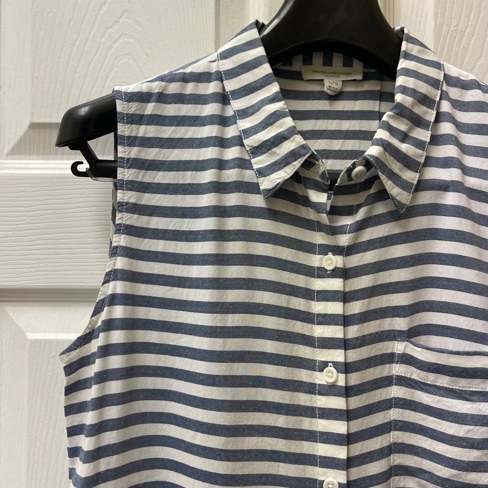 Beach lunch lounge Womens Shirt L Sleeveless Blue White Stripe Button Up Hi-low